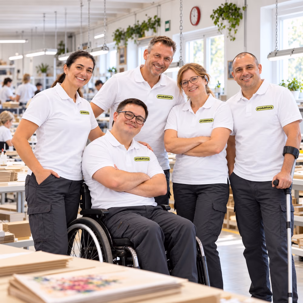 Öt mosolygó munkatárs Produktory pólóban egy világos üzemcsarnokban, egyikük kerekesszékben, másikuk mankóval